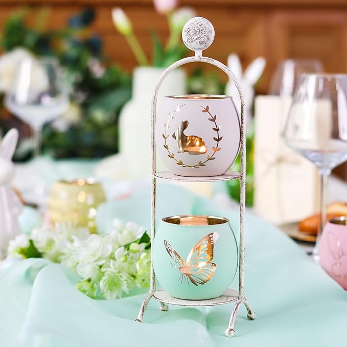 SHMILMH Easter Candle Holders 6PCS, Easter Table Decorations Glass Votive Tealight Candle Holders, Indoor Easter Centerpiece Decorations, Women Adult Easter Gifts
