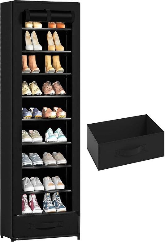 Shoes Rack 10 Tier Tall Shoe Rack Narrow Shoe Rack with Storage Box,Fabric Covered Metal Shoe Rack Organizer for Closets