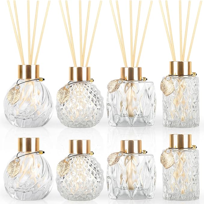 8Pcs Reed Diffuser Set with Metal Golden Decoration, 3.5oz-4.2oz Empty Bottles with 20Pcs Reed Sticks, Unique Design Bottles for Home and Office