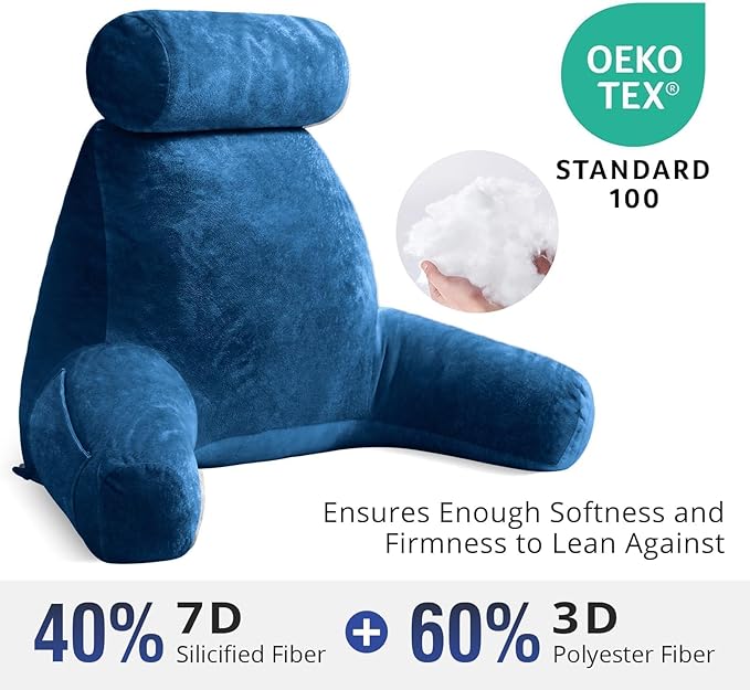 Sasttie Reading Pillow for Sitting in Bed Adult, Extra Large Back Pillow for Bed, Backrest Pillow with Detachable Head Support Cushion, College Dorm Essentials for Girls and Boys, Navy