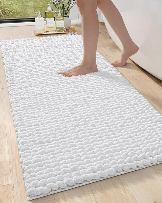 DEXI Bathroom Rugs 24x60, Non Slip Washable Bath Mat, Luxury Chenille Super Absorbent Thick Bathmats for Shower Floor, Plush Fluffy Shaggy Carpet for Tub, White