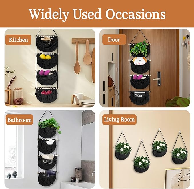 4 Tier Hanging Fruit Basket for Kitchen, 4 Pack Detachable Cotton Crocheted Wall Hanging Baskets Shelf Over Door Organizer for Fruit Veggie Plant, Hanging Storage Basket for Bathroom Bedroom(Black)