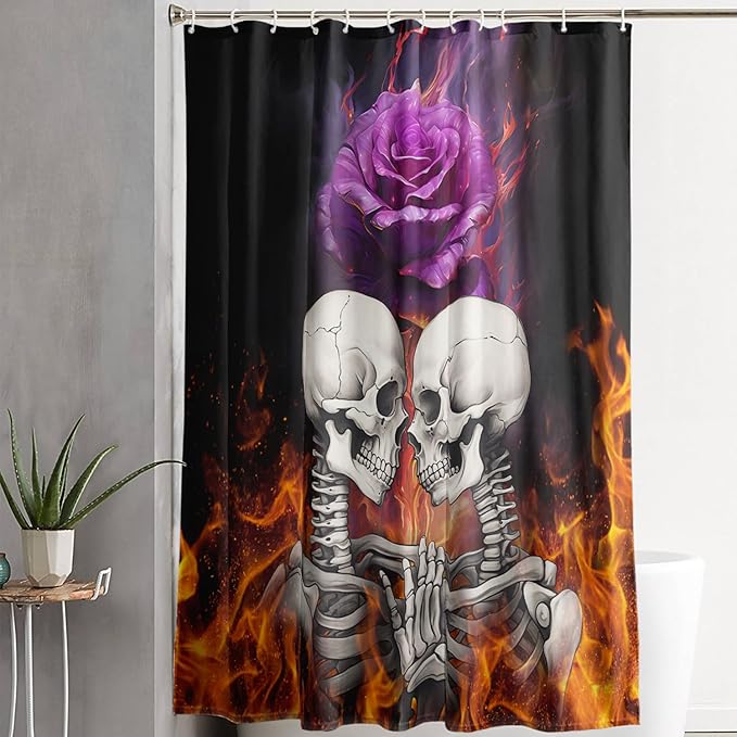AILONEN Sugar Skull Shower Curtain,Fire Rose with Skeleton Design Shower Curtain Set with Hooks for Boys Girls Teens,Gothic Skull36 W*72" H