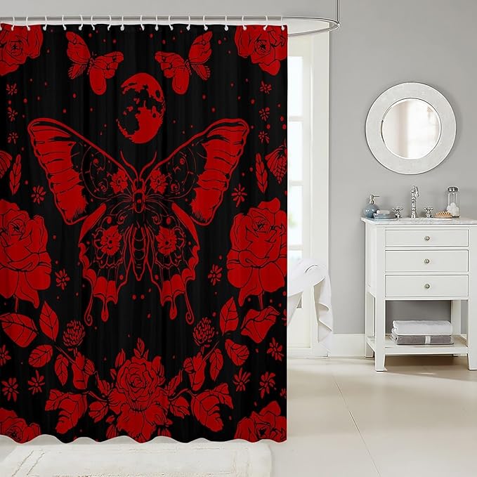 Feelyou Red Butterfly Fabric Shower Curtain Cover Botanical Floral Shower Curtain for Kids Boys Girls Butterflies Bathroom Waterproof Accessories with 12 Hooks Flying Curtains,72x78 Inches