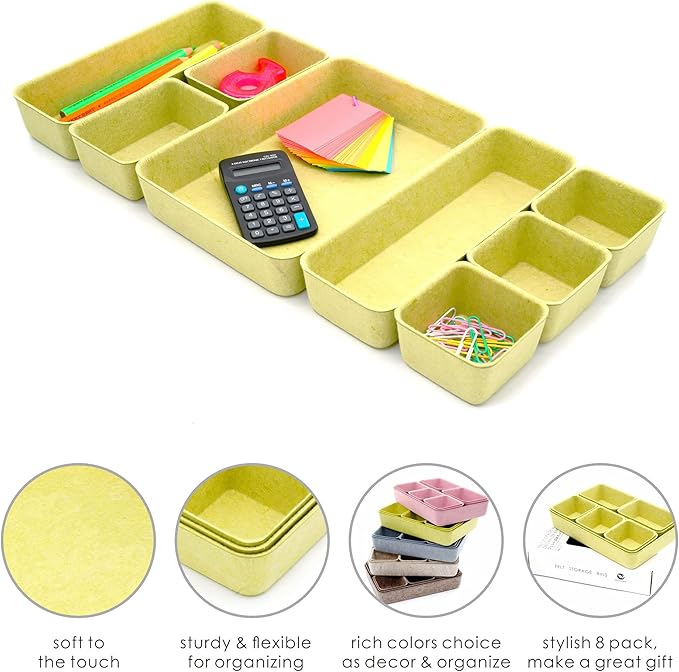 Welaxy Drawer organizers trays Felt storage bins office Desk Minimalist Lifestyle Natural Shallow Box 8-Piece back to school off to college gift solution (Linden green)