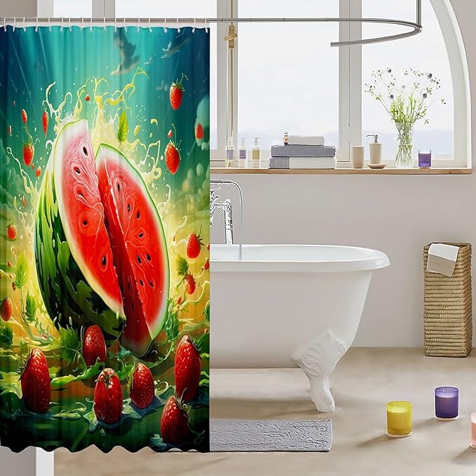 Feelyou Watermelon Shower Curtain Strawberry Fabric Shower Curtain for Kids Boys Girls Fruit Bathroom Waterproof Accessories with 12 Hooks Summer Curtains,72x84 Inches