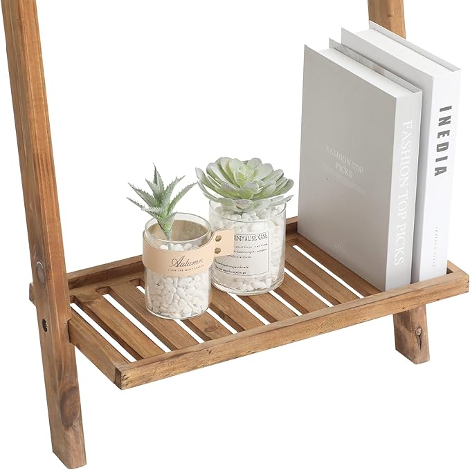 FUIN 5ft Wood Blanket Ladder with Bottom Shelf for Living Room Decorative Wall Leaning Farmhouse Quilt Display Holder Storage Rustic Wooden Towel Rack for Bathroom, Light Brown