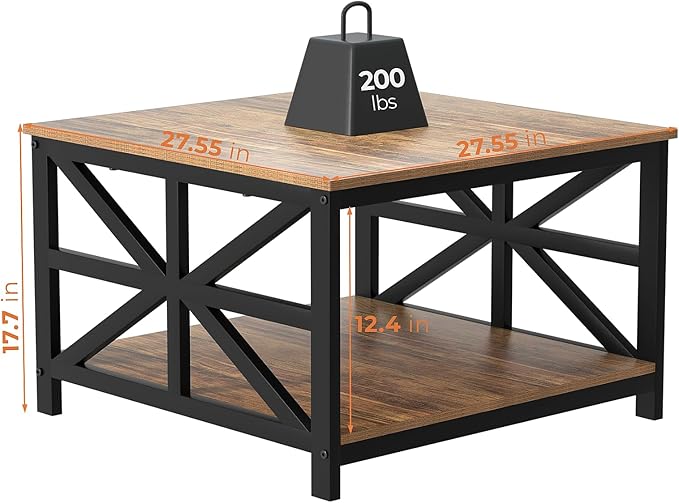 GreenForest Coffee Table with Storage for Living Room, Small Square Center Tables with Seamless One-Piece Tabletop Farmhouse Style, Walnut