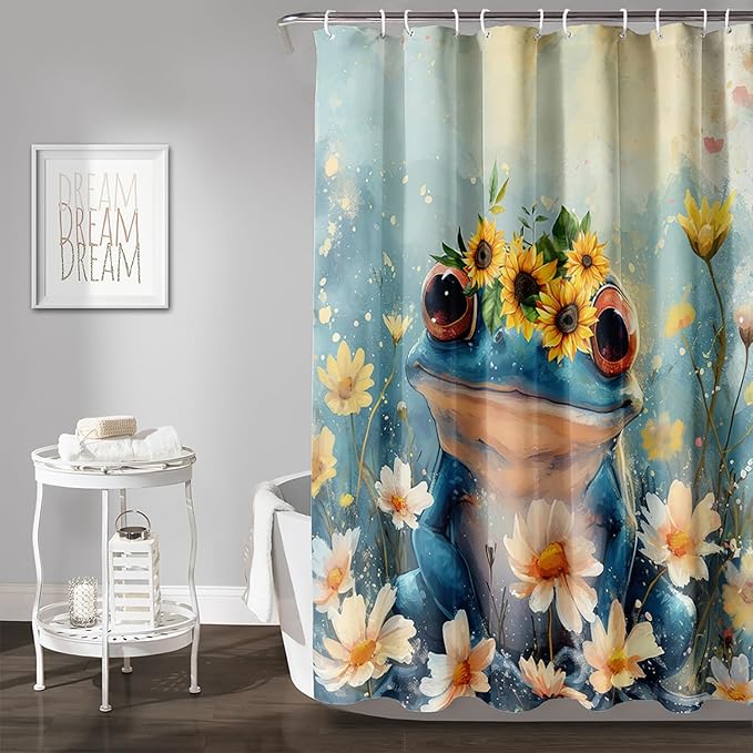 AILONEN Cartoon Frog Shower Curtain,Blue Frog with Sunflowers Polyester Cloth Bath Curtain Set for Kids Boys Girls,Amphibious Animals Shower Curtains for Bathroom,60" W*72" H