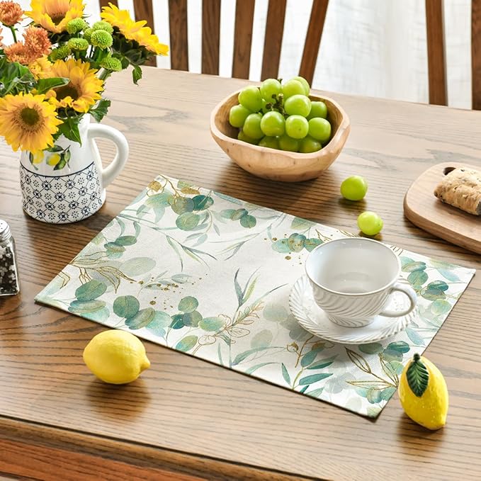 Artoid Mode Eucalyptus Summer Placemats Set of 6, 12 x 18 Inch Spring Seasonal Wedding Party Decoration for Table Decor