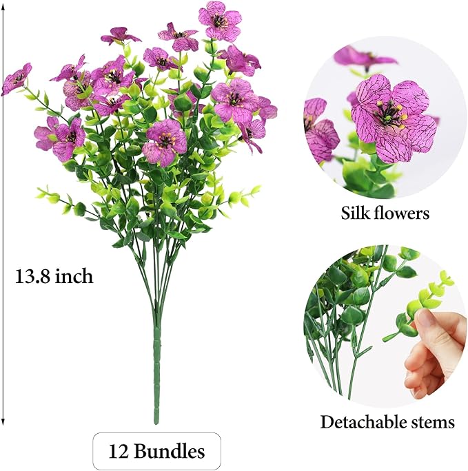 Artificial Flowers Outdoor Faux Plants UV Resistant 12 Bundles Fake Patio Flowers Plastic Greenery Plnats Outside Bulk for Spring Garden Hanging Planter Home Vase Decor, Purple