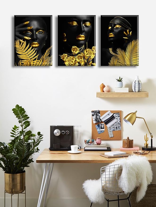 Elegant African American Black Girl Canvas Wall Art - 3Pcs Framed Black & Gold Women Pictures for Living Room, Bathroom & Bedroom Decor - Gold Tropical Botanical Prints for Home Decoration