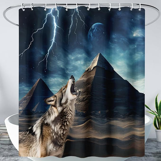 AILONEN Howling Wolf Shower Curtain,Retro Pyramid Evening Wolf Bath Curtain,Safari Wolf Curtain for Bathroom Decor,Polyester Waterproof with 12 Plastic Hooks 72" W*72" H