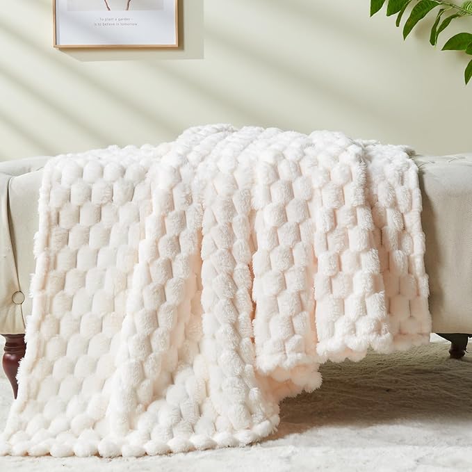 NEWCOSPLAY Super Soft Queen Blanket Ivory Premium Silky Flannel Fleece 3D Clouds Stylish Jacquard Lightweight Bed Blanket All Season Use 350GSM (Ivory, Queen(90"x90"))