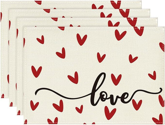 Artoid Mode White Love Valentine Placemats Set of 4, 12x18 Inch Seasonal Anniversary Holiday Table Mats for Party Kitchen Dining Decoration