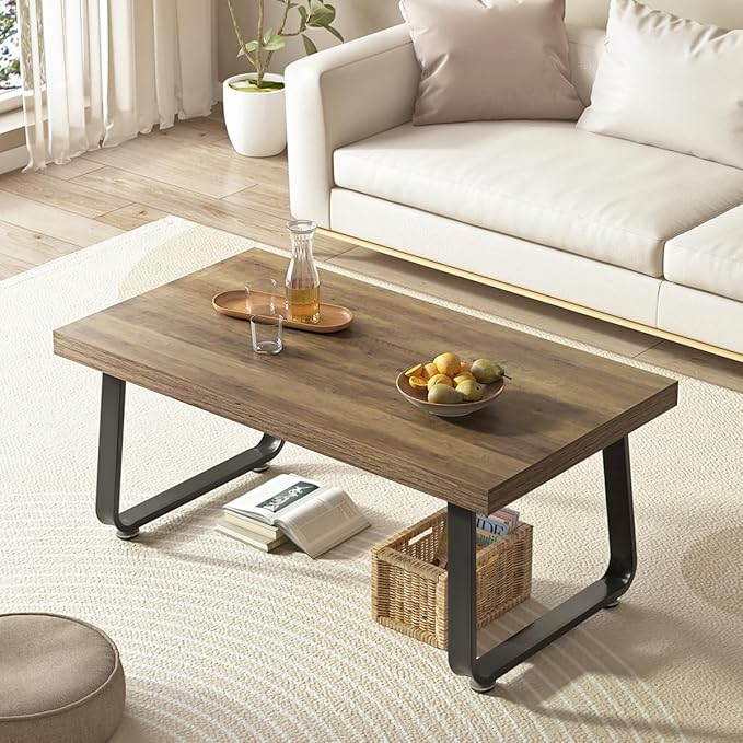 HSH Farmhouse Modern Simple Oak Center Table - Industrial Minimalist Rectangle Living Room Coffee Table, Wood and Metal, Rustic Oak, 39 in
