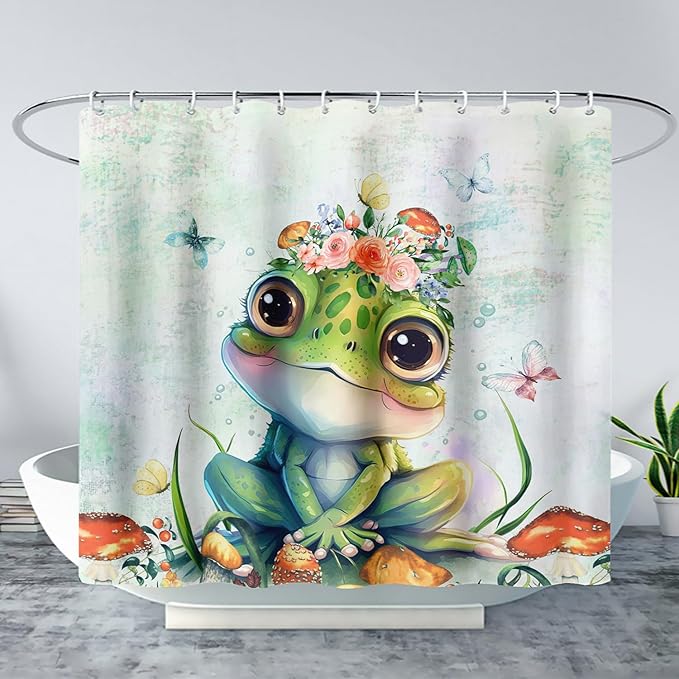 AILONEN Cute Frog Shower Curtain Cartoon Animal Wildlife Frog Cartoon Mushroom Minimalist Modern Art Retro Green Shower Curtain Bathroom Decor Curtains with 12 Hooks 72" W*72" H