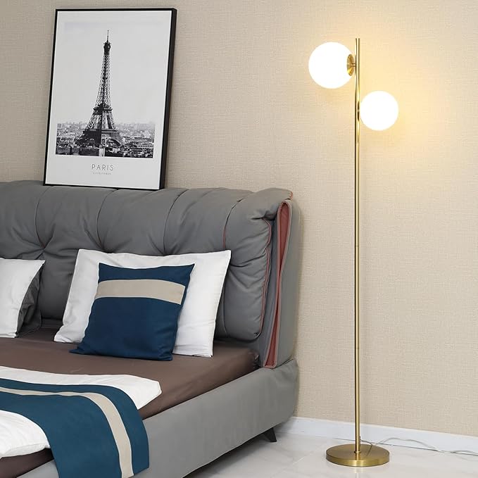 COTULIN 2 Globe Floor Lamp for Living Room, 7.1 Inch Sphere Mid Century Modern Floor Gold Lamp for Bedroom,Brass Standing Tall Pole Lamp with White Frosted Glass Shade,Office Home Decor