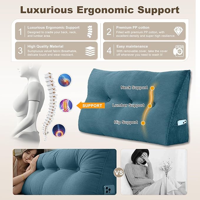 Headboard Pillow - Queen-Sized Headboard Wedge Pillow for Daybeds and Bunk Beds - Durable, Comfortable, with Removable Velvet Cover (Navy blue, 71x20x8Inches)