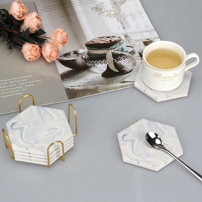 6 Pcs Hexagon White Marble Ceramic Coasters Set with Holder Best Absorbent Stone Coasters Cool Drink Personalized Wine Bar Coasters Beverage Coffee Cup Coasters for Table