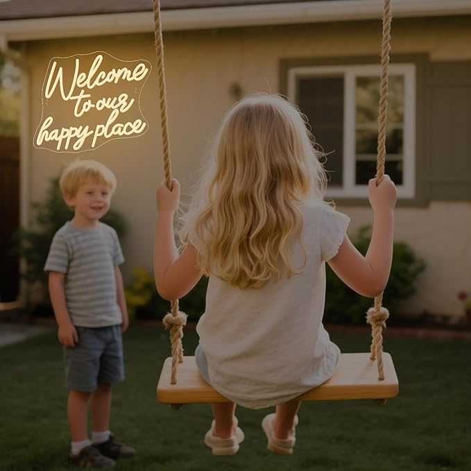 NOSUN WELCOME TO OUR HAPPY PLACE Neon Sign Happy Place Neon Signs for Wall Decor Dimmable Warm White LED Signs for Bedroom Classroom Man Cave Home Bar Birthday Party Game Zone Decor Neon Classroom Sign
