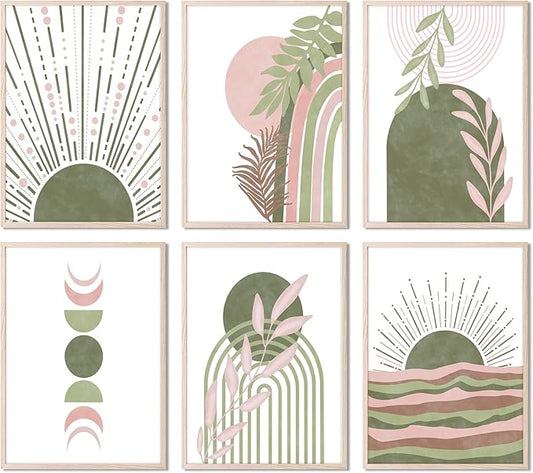 RETRART Sage Green Boho Wall Art, Minimalist Wall Art Wall Decor Geometric Line Leaf Sun Moon Beige Green Canvas Artwork Paintings, Abstract Botanical Sage Gr een Boho Room Decor - 8"x10"