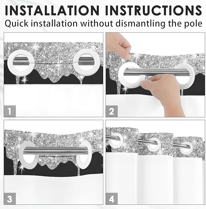 Red Lips No Hook Shower Curtain with Snap in Liner, Diamond Glitter Get Naked Black Bath Curtain with Double Layers Waterproof Fabric and Mesh Top Window 71x74 Inch