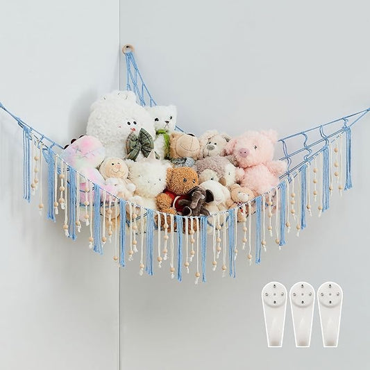 Pretty Jolly Stuffed Animal Storage Hammock with Wooden Beads Corner Hanging Net Boho Tassel for Toy Plush Holder for Kid Room Nursery Decor Wall Display Organizer for Girls Boy Gift(Light Blue)