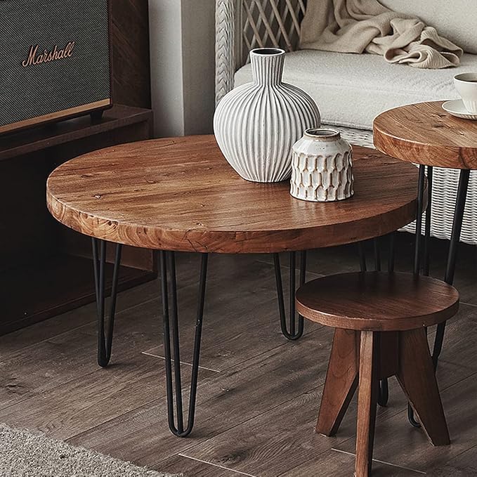 Rustic Round Old Elm Coffee Table Solid Wood Coffee Table for Living Room,27.25'' W x 27.25'' D x 16'' H