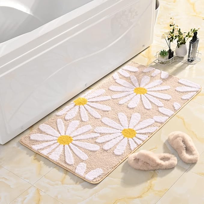 QJHOMO Beige Bathroom Rugs Cute Daisy Bath Mat White and Yellow Flower Decor Rug Non Slip Floor Carpet Microfiber Bathmat Super Absorbent Machine Washable Bathtub Mats for Shower (24x48 inch)