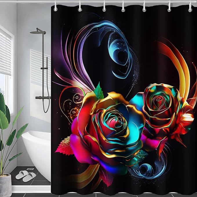 AILONEN Gold Rose Flower Shower Curtain for Kids Girls Teens,Butterfly Rose Flower Bath Curtain for Bathroom Decor,Romantic Polyester Waterproof with 12 Plastic Hooks 60" W*72" H