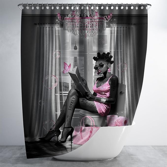 African American Shower Curtain Fashion Black Girl Shower Curtains for Bathroom Decor Grey Pink Waterproof Polyester Fabric Afro Black Women Bathroom Curtain with Hooks 72x72 Inch
