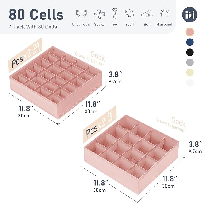 Joyoldelf Sock Drawer Organizer Divider 4 Packs Underwear Organizer, 2 x 24 Cell + 2 x 16 Cell Closet Organizers and Storage Sock Holders for Storing Socks, Handkerchiefs, Ties, Belts (Pink)
