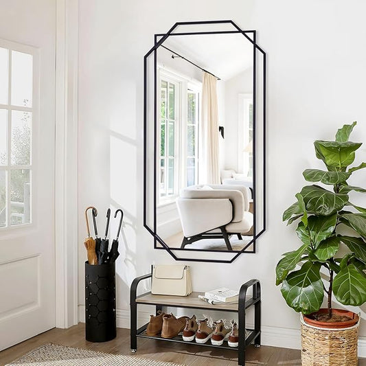 Black Large Decorative Bathroom Wall Mirror for Wall with Metal Frame, Modern Octagonal Horizontal Mirror for Living Room, Bedroom, Entryway (55"x28")