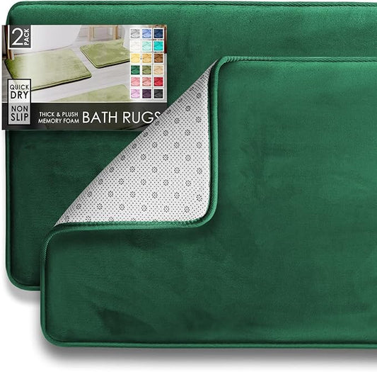 Clara Clark 2 Piece Bathroom Rugs Bath Mat Set, Velvet Memory Foam Bath Mats for Bathroom - Non-Slip, PVC Backing Bath Rugs, Washable - Dries Quickly, Hunter Green