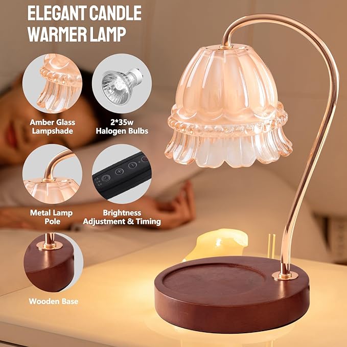 Candle Warmer Lamp with Dimmer - Electric Candle Lamp with Timer for Jar Candles Scented Candles, Plug-in Wax Warmer Lamp for Home & Office with 2 Bulb(White Peony+Black Walnut)