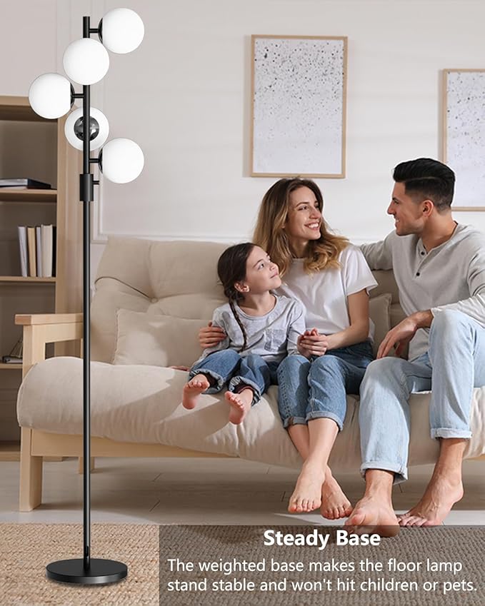 64IN Dimmable Black Floor Lamp, Tall Standing Lamps with 5 Globe Soft Warm White Eye Care 3000K G9 Bulbs, Mid Century Modern Floor Lamp for Living Room Bedroom Office