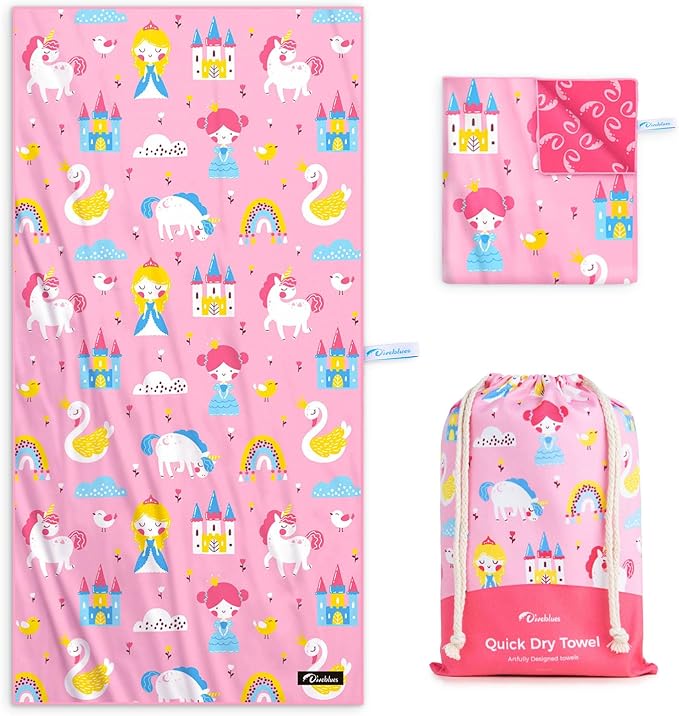Kids Beach Towel 60''x30'', Quick Dry, Sand Free, Compact, Lightweight, Absorbent, Girls & Boys Large Microfiber Towels for Pool, Swim, Cruise Essentials, Princess