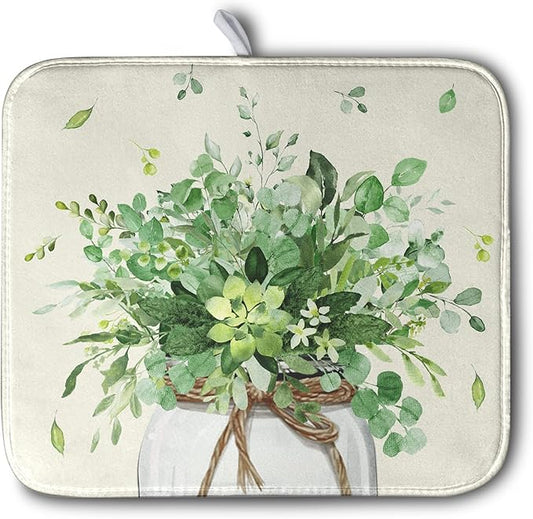 Spring Sage Green Leaves Dish Drying Mat for Kitchen Counter Eucalyptus Leaf Floral Mason Jar Dishes Drainer Mats Absorbent Microfiber Dish Draining Mat Reversible Dish Pad 16x18 Inch