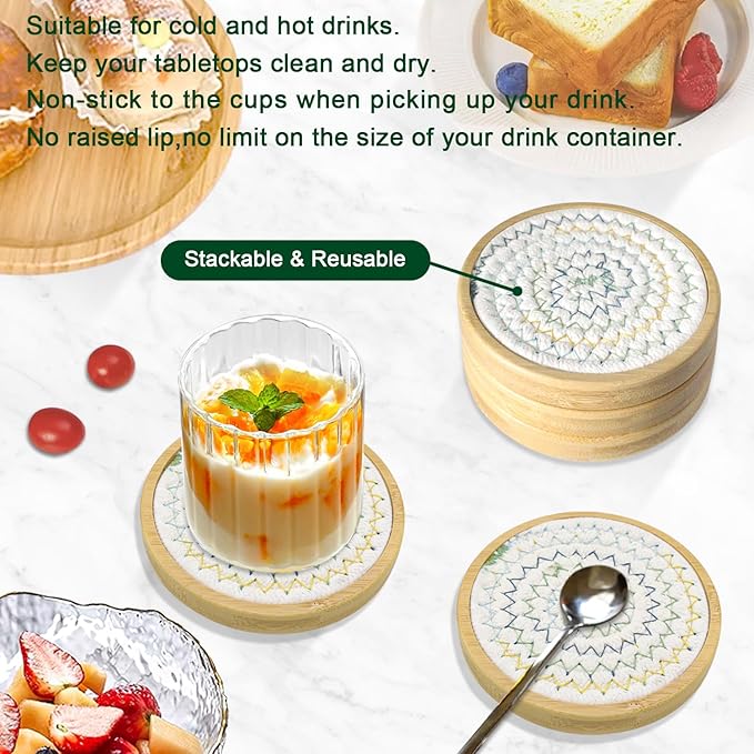 5 Pack Bamboo Wood Drink Coasters, Absorbent, 4.3 Inch Round Coasters for Coffee Tables, Kitchen, Farmhouse, and Office (White Series)