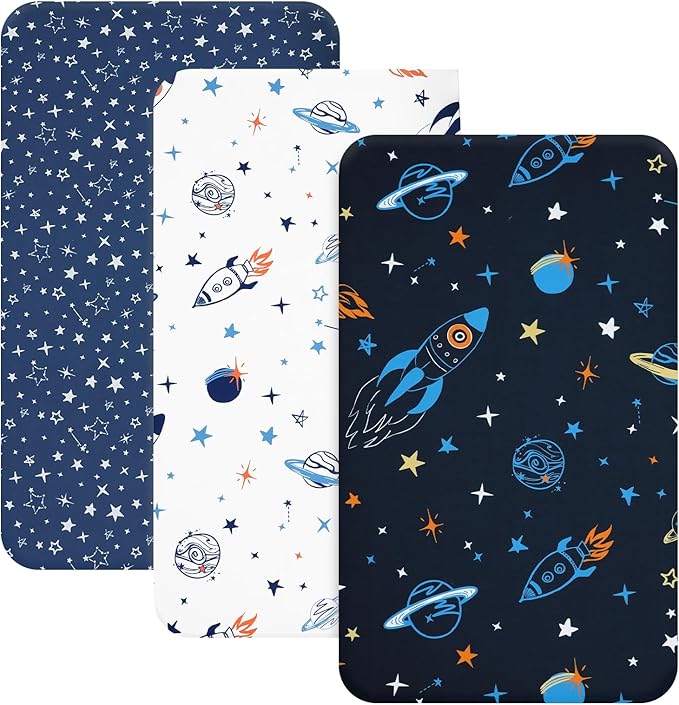 3 Pack Mini Crib Sheets, Premium Pack N Play Sheets for Boys Girls Neutral, Soft Breathable Baby Sheets Fit Pack N Play, Playard and Mini Crib Mattresses, Space