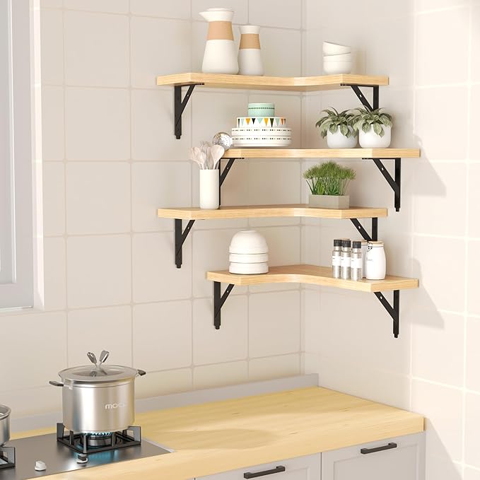 Corner Floating Shelves Wall Mounted Set of 4, Rustic Wood Storage Display Wall Shelves for Home Decor, Bathroom, Kitchen, Bedroom, Living Room, Office (Natural)