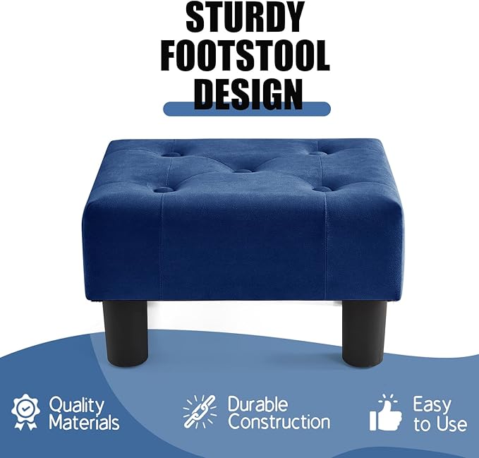 BRIAN & DANY Small Foot Stool, Velvet Foot Stools with Legs, Stable Small Footstool for Living Room, Blue