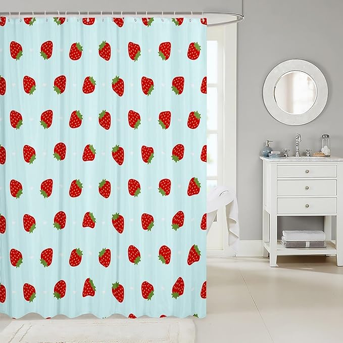Feelyou Strawberry Fabric Shower Curtain Teal Blue Kawaii Girly Shower Curtain for Kids Boys Girls Kawaii Strawberry Bathroom Waterproof Accessories with 12 Hooks Kawaii Lovely Curtains,72x72 Inches