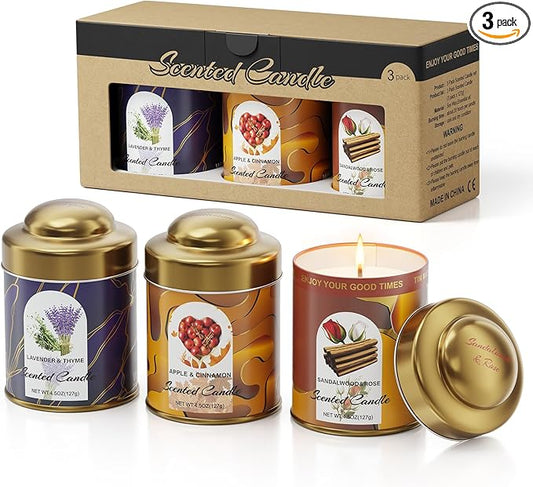3-Pack Aromatherapy Candle Set - Lavender & Thyme, Apple & Cinnamon, Sandalwood & Rose Scented Candles 4.5oz Each | 25+ Hour Relaxing Long-Lasting Burn | Soy Candles for Home, Gifts & Christmas