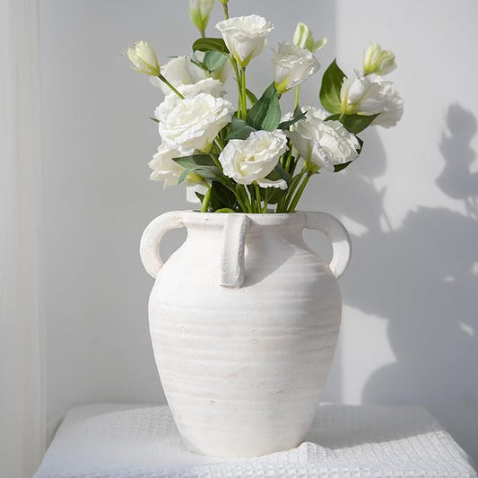 Rustic White Ceramic Vase, Wide Mouth Terracotta, Antique Decorative Flower Vase with 4 Handles, 9.7 in