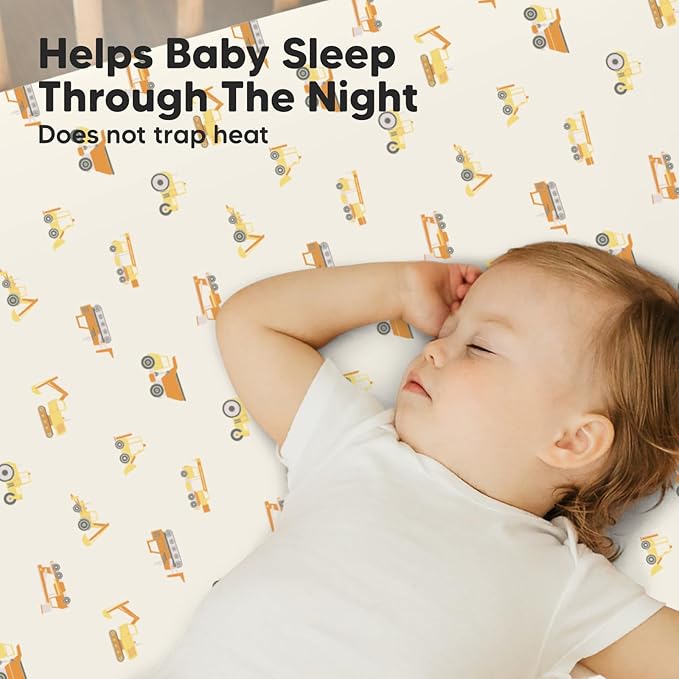 Pack and Play Sheets Fitted, 2-Pack Mini Crib Sheets - Pack N Play Sheets, Organic Fitted Crib Sheet for Pack and Play Mattress, Playard Baby Crib Sheets, Crib Sheets Neutral for Boys (Construction)