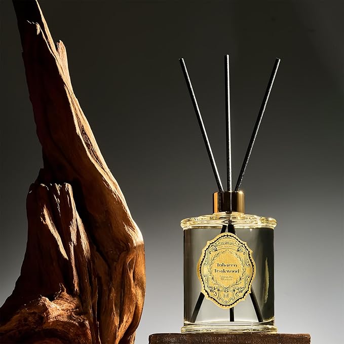 M&SENSE 8.4 oz Large Reed Diffuser for Home |Tobacco Teakwood Scent Home Oil Diffuser with Sticks | Bedroom Bathroom Living Room Decor