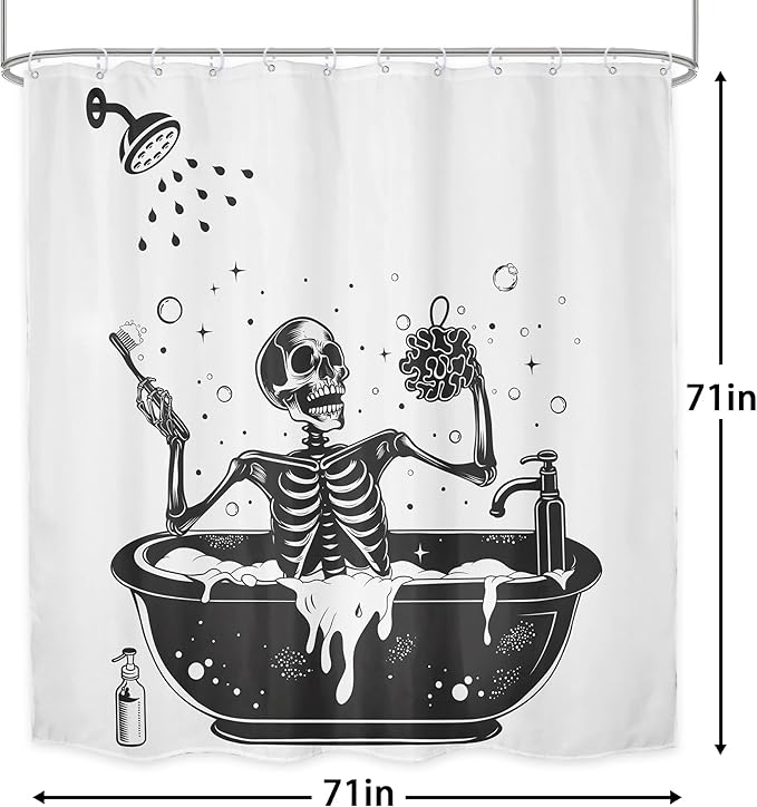 LGhtyro Funny Skull Shower Curtain Bathroom Set 71Wx71H Inches Black White Gothic Skeleton Bone Bathing in Bathtub Bubbles Spooky Cool Bath Accessories for Men Boys Art Home Decor Fabric 12 Pack Hooks