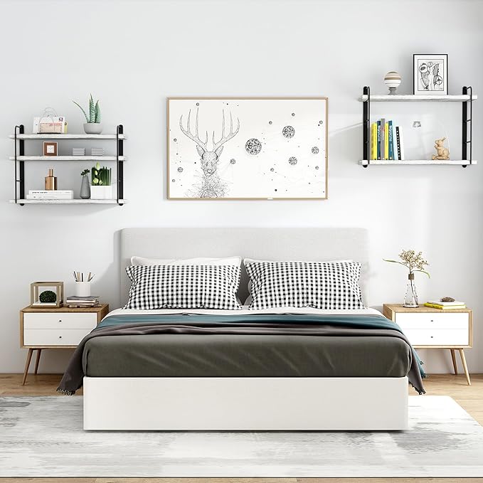 Wall Mounted Floating Shelves, Wall Shelves, Rustic Wall Decor Wood Shelves for Bedroom, Living Room, Bathroom and Kitchen Storage, Easy Installation (5, Washed White)
